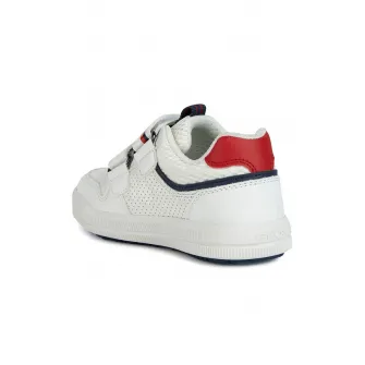 Geox, Pantofi sport de piele ecologica cu detalii perforate, Alb, Albastru marin, 34 EU