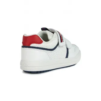Geox, Pantofi sport de piele ecologica cu detalii perforate, Alb, Albastru marin, 30 EU