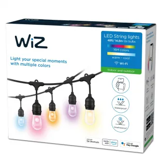 Ghirlanda luminoasa inteligenta LED RGB WiZ, Wi-Fi, 12 becuri, 120 lm, tensiune joasa, comutator pornit/oprit pe fir, lumina colorata, control vocal, IP65/IP44, 14.8m