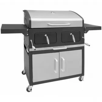 Gratar carbune, suprafata de gatit 84x45 din FONTA EMAILATA capac dublu, termometru in capac, grila de incalzire, cabinet inchis,4 roti din care 2 blocabile, ajustabil pe inaltime, tava de colectare cenusa