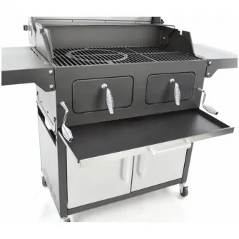 Gratar carbune, suprafata de gatit 84x45 din FONTA EMAILATA capac dublu, termometru in capac, grila de incalzire, cabinet inchis,4 roti din care 2 blocabile, ajustabil pe inaltime, tava de colectare cenusa
