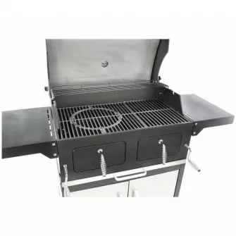 Gratar carbune, suprafata de gatit 84x45 din FONTA EMAILATA capac dublu, termometru in capac, grila de incalzire, cabinet inchis,4 roti din care 2 blocabile, ajustabil pe inaltime, tava de colectare cenusa