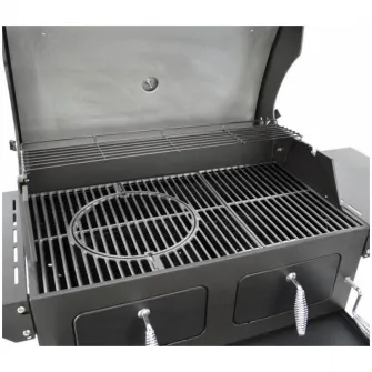 Gratar carbune, suprafata de gatit 84x45 din FONTA EMAILATA capac dublu, termometru in capac, grila de incalzire, cabinet inchis,4 roti din care 2 blocabile, ajustabil pe inaltime, tava de colectare cenusa