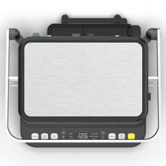 Gratar electric Aeno AEG0005, 2000 W, 6 programe automate, placi cu doua fete 320x220 mm, unghi de deschidere de pana la 180, functie dezghetare, afisaj led, control tactil, temperatura maxima 230°C, tava de scurgere ulei inclusa