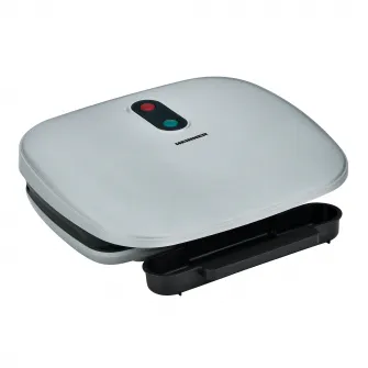Gratar electric Heinner AriaGrill HEG-F1000SL, 1000W; placi fixe turnate 27 X 23 cm, invelis antiaderent, maner rece, Indicator luminos, tava pentru colectare ulei, Argintiu