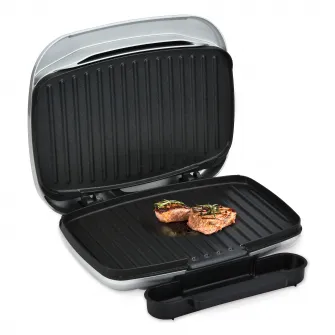 Gratar electric Heinner AriaGrill HEG-F1000SL, 1000W; placi fixe turnate 27 X 23 cm, invelis antiaderent, maner rece, Indicator luminos, tava pentru colectare ulei, Argintiu