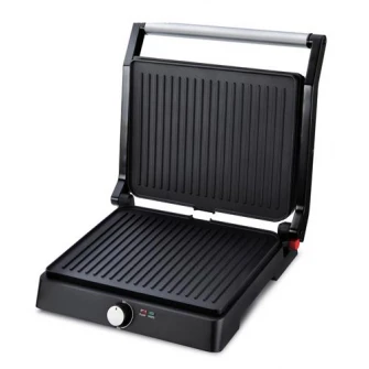 Gratar electric Heinner HEPG-F2000BKSS, placi fixe antiadezive, deschidere 180°, temperatura reglabila, Negru/Inox