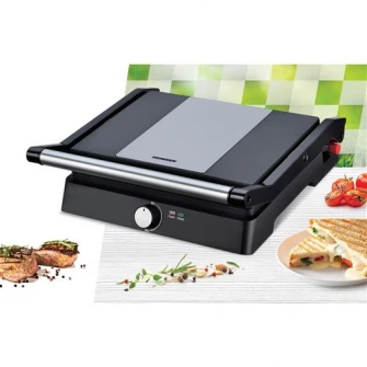 Gratar electric Heinner HEPG-F2000BKSS, placi fixe antiadezive, deschidere 180°, temperatura reglabila, Negru/Inox