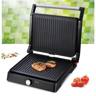 Gratar electric Heinner HEPG-F2000BKSS, placi fixe antiadezive, deschidere 180°, temperatura reglabila, Negru/Inox