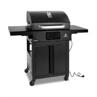 Gratar electric Landmann, 3200W, afisaj digital, suprafata de gatit emailata 59x40.5 cm, 116x57.5 cm, inaltime 121.5 cm, tava de colectare grasime, 2 termometre, negru, 4 roti