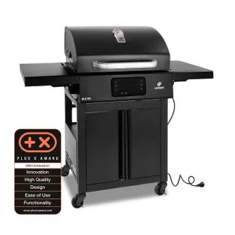 Gratar electric Landmann, 3200W, afisaj digital, suprafata de gatit emailata 59x40.5 cm, 116x57.5 cm, inaltime 121.5 cm, tava de colectare grasime, 2 termometre, negru, 4 roti