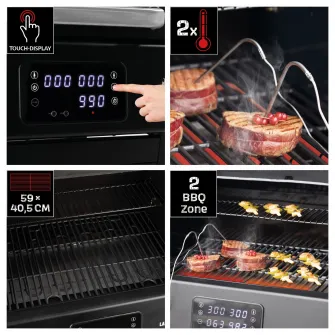 Gratar electric Landmann, 3200W, afisaj digital, suprafata de gatit emailata 59x40.5 cm, 116x57.5 cm, inaltime 121.5 cm, tava de colectare grasime, 2 termometre, negru, 4 roti