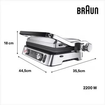 Gratar electric multifunctional Braun MultiGrill 9Pro CG9160, 2200 W, 3 moduri de gatire, temperatura maxima 265C, 3 programe, functie Sear, termometru pentru gatit, 1 set placi, argint