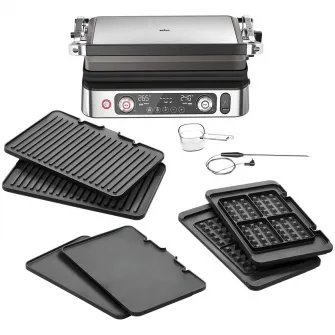 Gratar electric multifunctional Braun MultiGrill 9Pro CG9167, 2200 W, 3 moduri de gatire, temperatura maxima 265C, 3 programe, functie Sear, termometru pentru gatit, 3 seturi de placi, argint