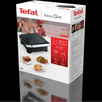 Gratar electric multifunctional Tefal Inicio Panini Maker & Grill GC271810, 2180W, pana la 6 persoane, suprafata antiaderenta de gatit 29x26 cm, depozitare verticala, depozitare cablu, tavita suc detasabila, negru