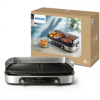 Gratar electric Philips Seria 5000 HD6222/90, 2400 W, temperatura reglabila, 2 zone de incalzire, plite reversibile si detasabile, suprafata de gratar mare: 1400 cm², strat de piatra Maifan, tava pentru grasime detasabila