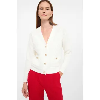 GreenPoint, Cardigan cu buzunare aplicate si decolteu in V, Alb murdar, XS