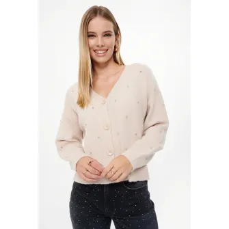 GreenPoint, Cardigan cu strasuri si decolteu in V, Argintiu, Bej deschis, L