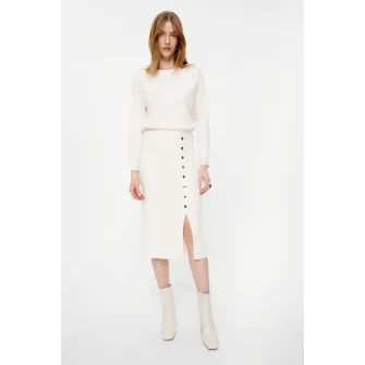 GreenPoint, Fusta midi dreapta din tricot fin cu nasturi decorativi, Alb optic, L
