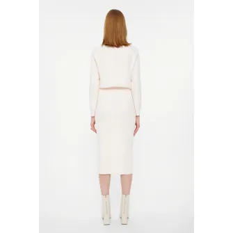 GreenPoint, Fusta midi dreapta din tricot fin cu nasturi decorativi, Alb optic, L