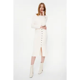 GreenPoint, Fusta midi dreapta din tricot fin cu nasturi decorativi, Alb optic, L