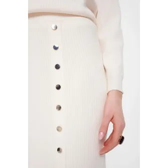 GreenPoint, Fusta midi dreapta din tricot fin cu nasturi decorativi, Alb optic, L