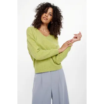 GreenPoint, Pulover cu decolteu in V si maneci cazute, Verde fistic, XS