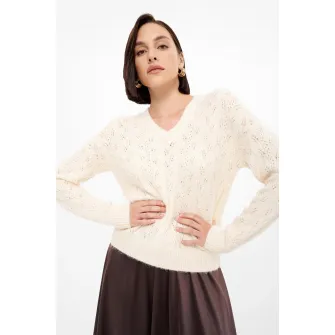 GreenPoint, Pulover cu perforatii si maneci cazute, Alb fildes, XS