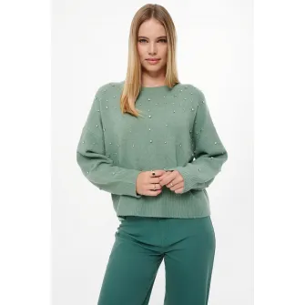 GreenPoint, Pulover din amestec de lana cu strasuri, Verde deschis melange, Argintiu, XS
