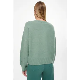 GreenPoint, Pulover din amestec de lana cu strasuri, Verde deschis melange, Argintiu, XS