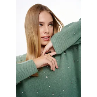GreenPoint, Pulover din amestec de lana cu strasuri, Verde deschis melange, Argintiu, XS