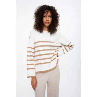 GreenPoint, Pulover lejer cu model in dungi, Alb, Maro deschis, XS