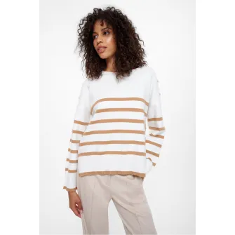 GreenPoint, Pulover lejer cu model in dungi, Alb, Maro deschis, XS
