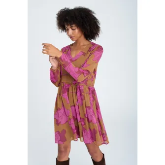 GreenPoint, Rochie cu decolteu in V si model floral, Roz fandango, Maro fango, 40