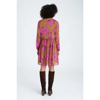 GreenPoint, Rochie cu decolteu in V si model floral, Roz fandango, Maro fango, 40
