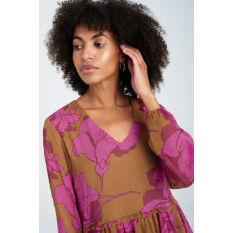 GreenPoint, Rochie cu decolteu in V si model floral, Roz fandango, Maro fango, 40
