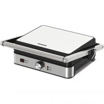 Grill electric Heinner SunsetGrill HEG-K2000SS, 2000W, Placi fixe cu invelis antiaderent, Dimensiuni placi: 30 X 24.9 cm, Temperatura reglabila, Maner rece, Deschidere 180˚, Indicatoare luminoase „ON” si „gata de folosire”, Tava colectare ulei