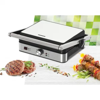 Grill electric Heinner SunsetGrill HEG-K2000SS, 2000W, Placi fixe cu invelis antiaderent, Dimensiuni placi: 30 X 24.9 cm, Temperatura reglabila, Maner rece, Deschidere 180˚, Indicatoare luminoase „ON” si „gata de folosire”, Tava colectare ulei
