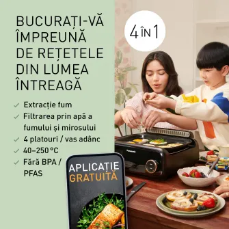 Grill multifunctional 4 in 1 Panasonic NF-GM400KXE, 1524W, 40°C–250°C, 9 programe, 4 vase, peste 80 retete, extractor de fum cu filtrare prin apa, negru