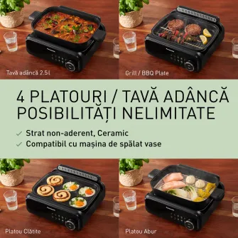 Grill multifunctional 4 in 1 Panasonic NF-GM400KXE, 1524W, 40°C–250°C, 9 programe, 4 vase, peste 80 retete, extractor de fum cu filtrare prin apa, negru