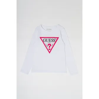 GUESS, Bluza cu imprimeu logo si strasuri, Alb optic, 140-146 CM
