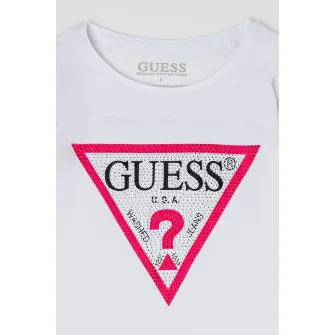 GUESS, Bluza cu imprimeu logo si strasuri, Alb optic, 140-146 CM