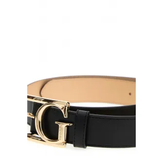 GUESS, Curea de piele ecologica cu logo metalic Avie, Negru, 95