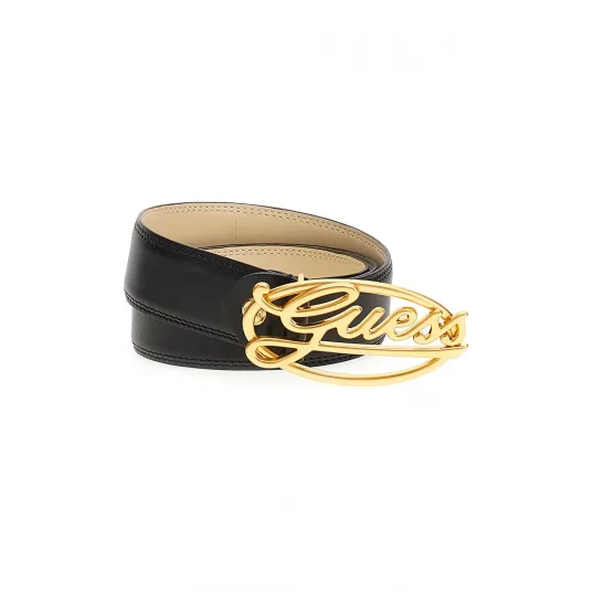 GUESS, Curea din piele ecologica Logo-Script, Negru, Maro nisip, 80