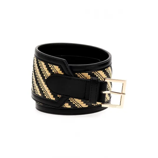 GUESS, Curea lata cu model, Negru, Bej, 85