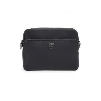 GUESS, Geanta crossbody cu bareta dubla de piele ecologica Milano, Albastru ultramarin