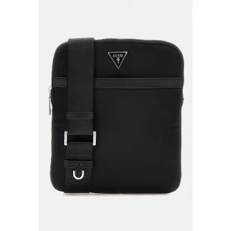 GUESS, Geanta crossbody cu detaliu logo, Negru