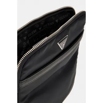 GUESS, Geanta crossbody cu detaliu logo, Negru