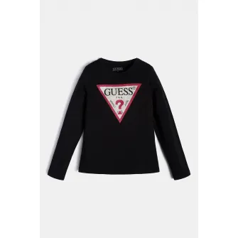 GUESS JEANS, Bluza cu imprimeu logo si strasuri, Negru, 146-152 CM
