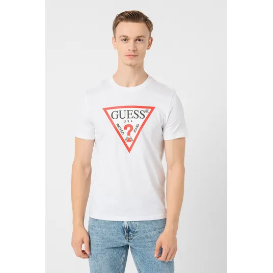 GUESS JEANS, Tricou cu decolteu la baza gatului si imprimeu logo, Rosu, Alb, 2XL